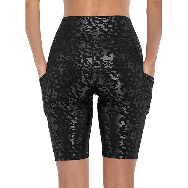 Rosy Brown High Waist Leopard Side Pockets Shine Running Shorts