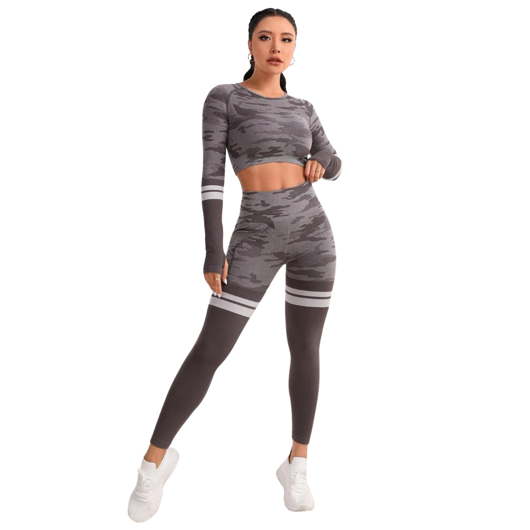 Dark Slate Gray Leah Camo Print Striped Workout Set