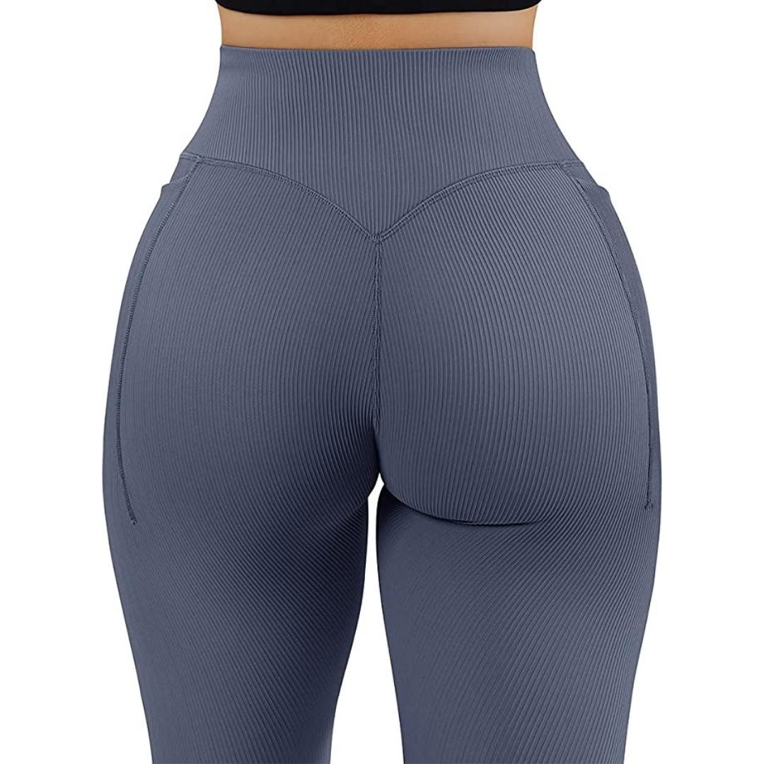 Rib Leggings High Waist Soft Ribbed Seamless Push Up Squat Proof Yoga Pants  - Blue / S
