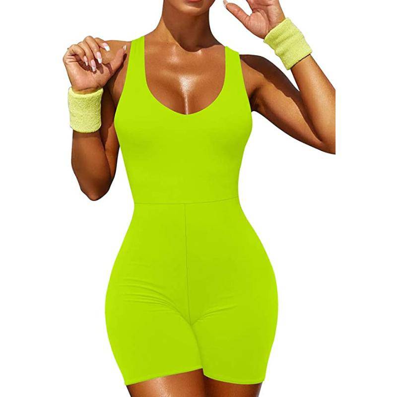 Yellow Green Sally Solid Sleeveless Racer Back Romper